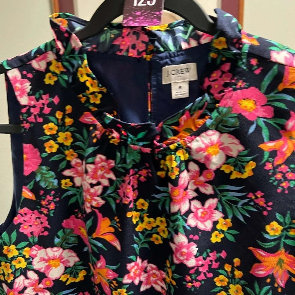 J. Crew Floral Sleeveless Blouse - Pink, Orange, Green on Navy Blue #123